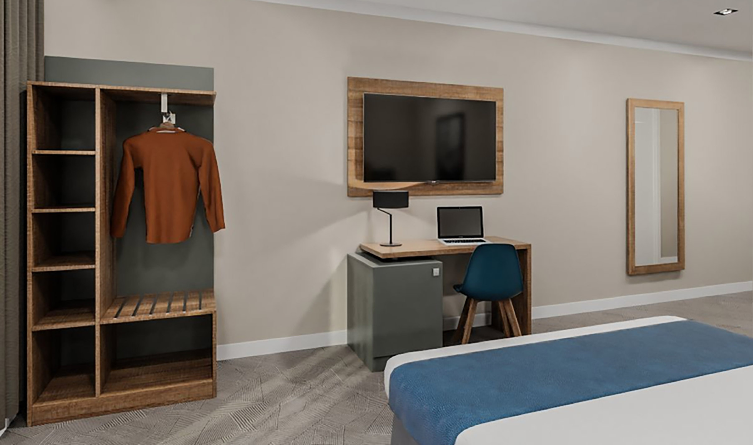 Bureau avec caisson chambre d'hôtel avec chaise, penderie et panneau TV